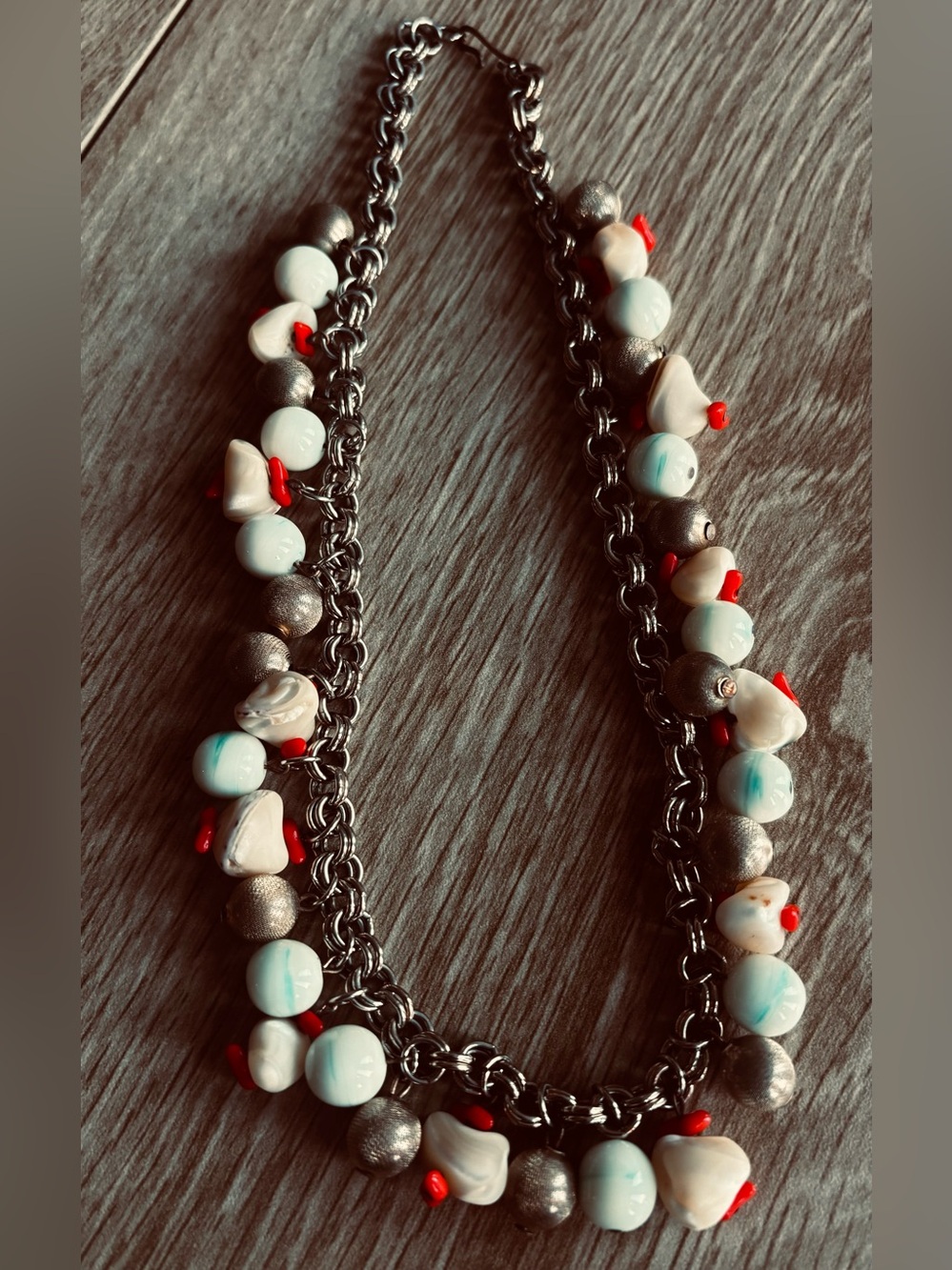 Handcrafted White & Red Beaded with shell Necklace